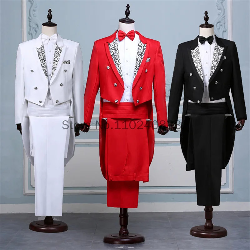 

Cosplay Tailcoat Suits Men Vest Jacket White Tail Coat Chorus Tuxedo Floral Stage Costume Singer Performer Magician Host Outfits