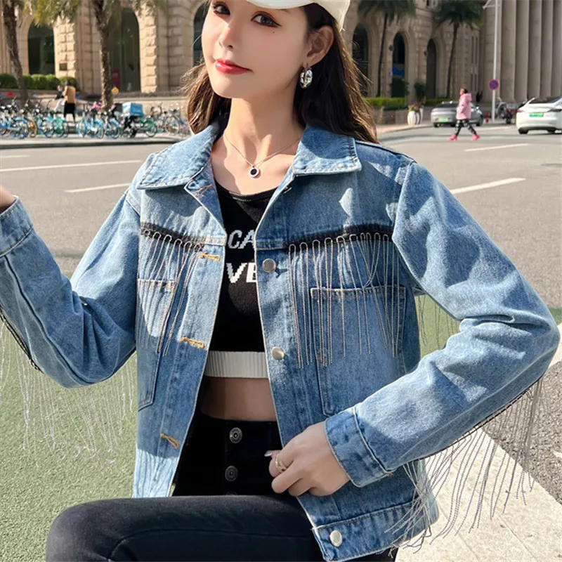 Vintage Blue Black Chain Tassel Denim Jacket Coat Women Loose Short Cowboy  Outerwear Long Sleeve Big Pocket Jeans Jackets Female