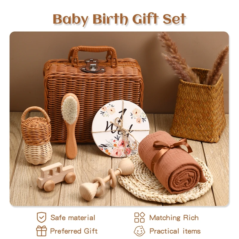Wooden Baby Rattle Gift Set – Crochet Animal Toy & Montessori Keepsake Box