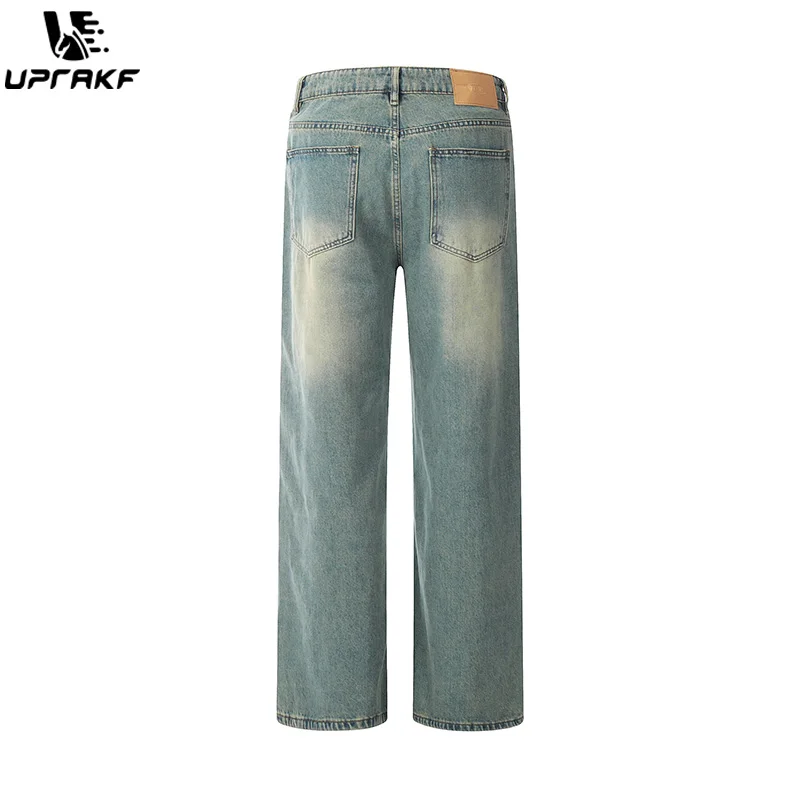 UPRAKF Pocket Jeans Straight-leg Distressed Denim Autumn Fashion Basic High Street Pants Casual High Waist Wide Leg