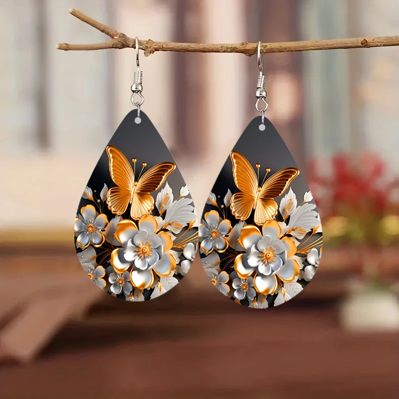 SOMESOOR 1pair Sunflowers/Butterflies Gorgeous Waterdrop Wooden Earrings Dangle Jewelry Boho Style Holiday Gifts For Women Gifts