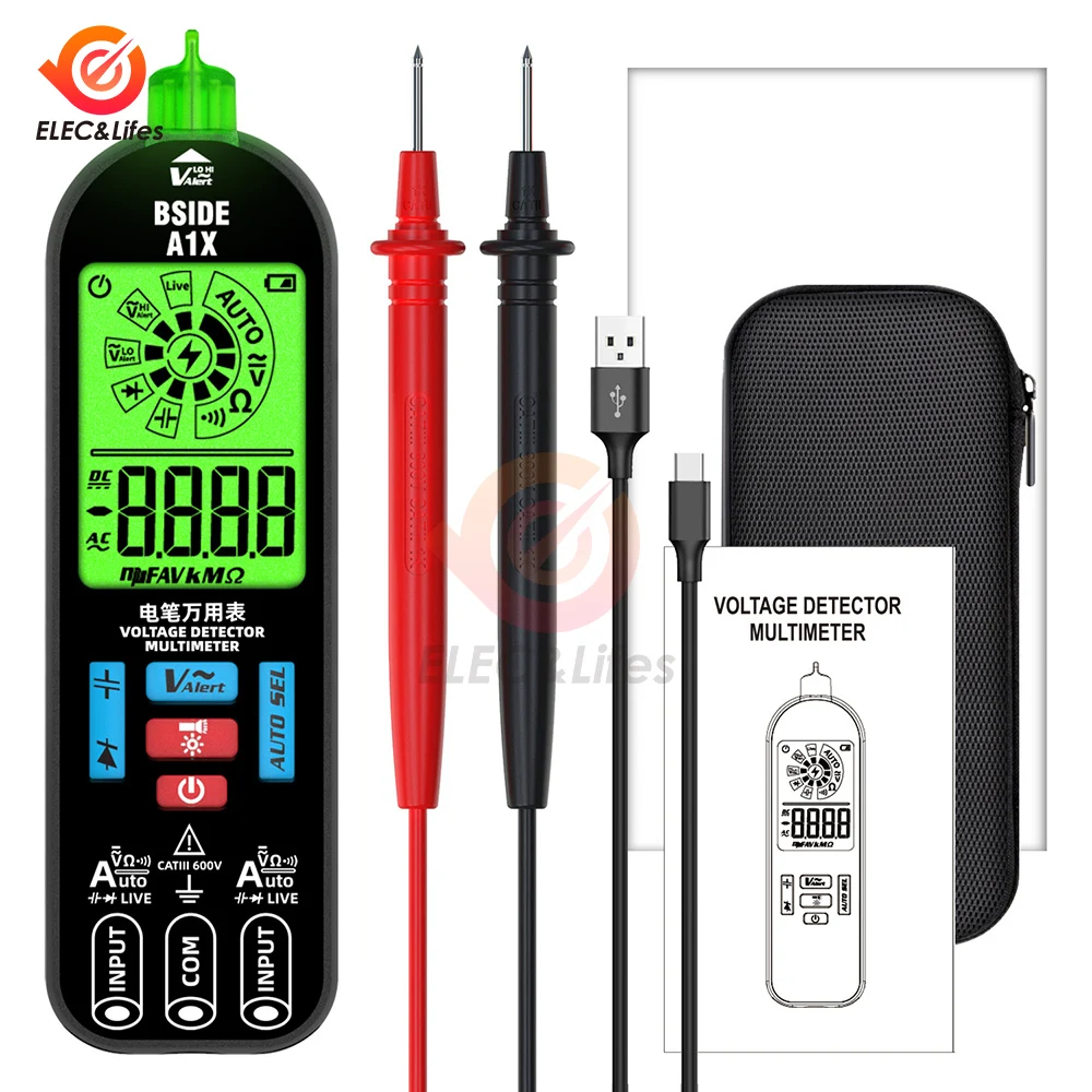 A1X Mini Multimeter LCD Digital Tester Voltage Detector DC/AC Voltage Frequency Resistance NCV Continuity Supports Fast Charging