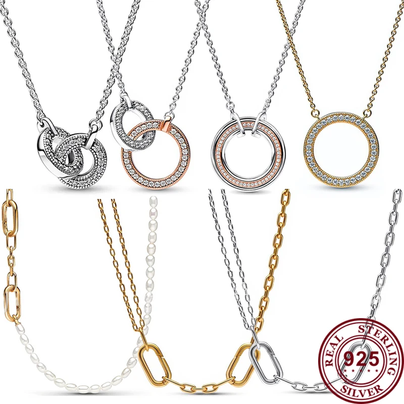 

2023 Summer New 925 Silver Women's ME Gold Pearl Double Chain Creative Circle Pendant Necklace Women's Holiday High Quality Gift