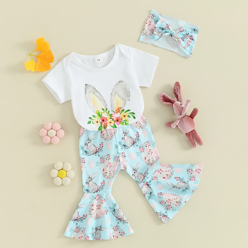 

Моя первая Пасхальная одежда для маленьких девочек, рубашка с коротким рукавом и цветочный принт кролика, штаны с колокольчиком, комплект с повязкой на голову
