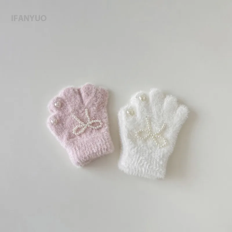 Children Gloves 3-8Years Autumn Winter Windproof Warm Knitted Plush Cartoon Pearl Bow Girls Love