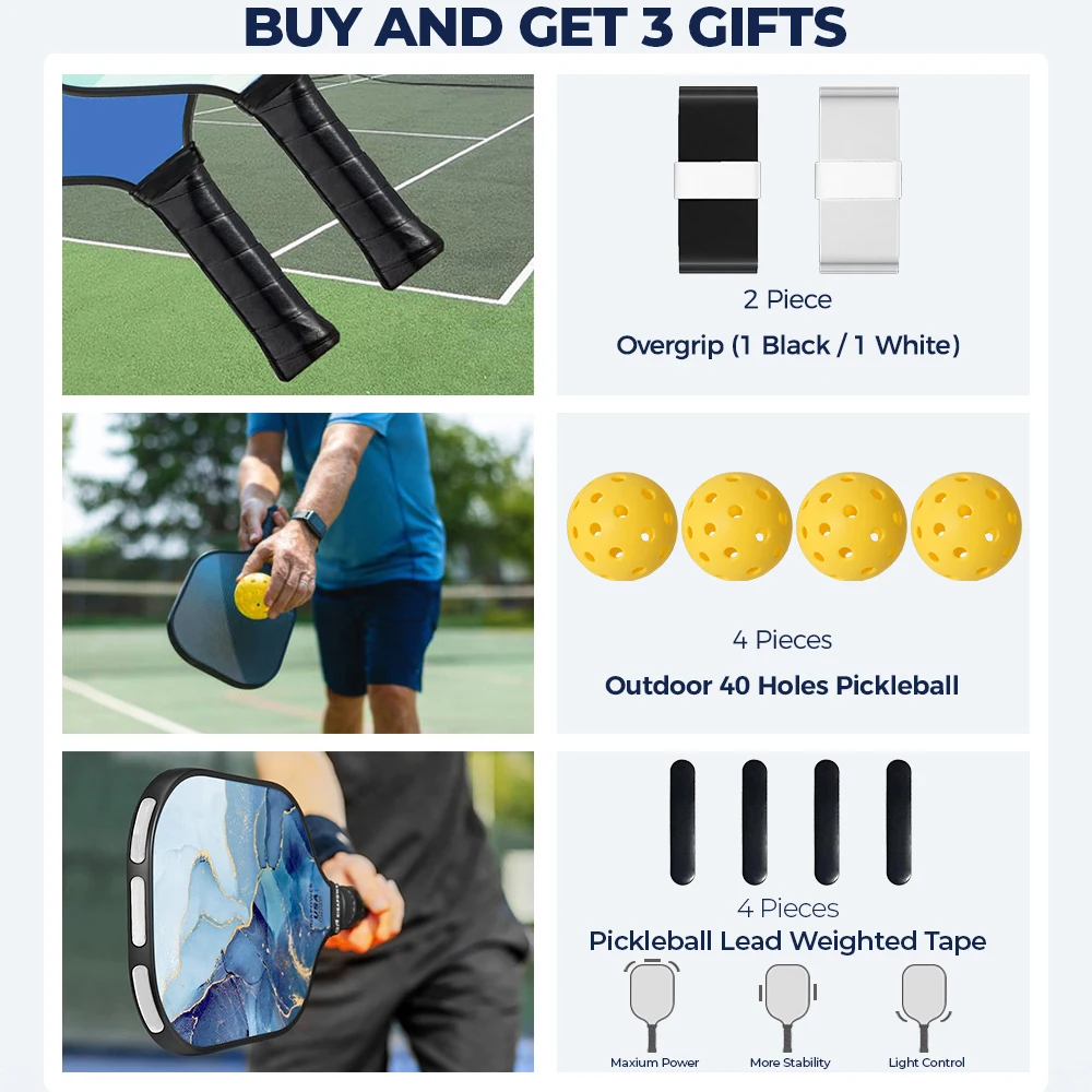 JIKEGO Enlongated RCF Pickle Ball Paddles Lead Tape Pickleball Paddle Sets Racket Cover Men Women 16MM Raw Carbon Fiber Spin