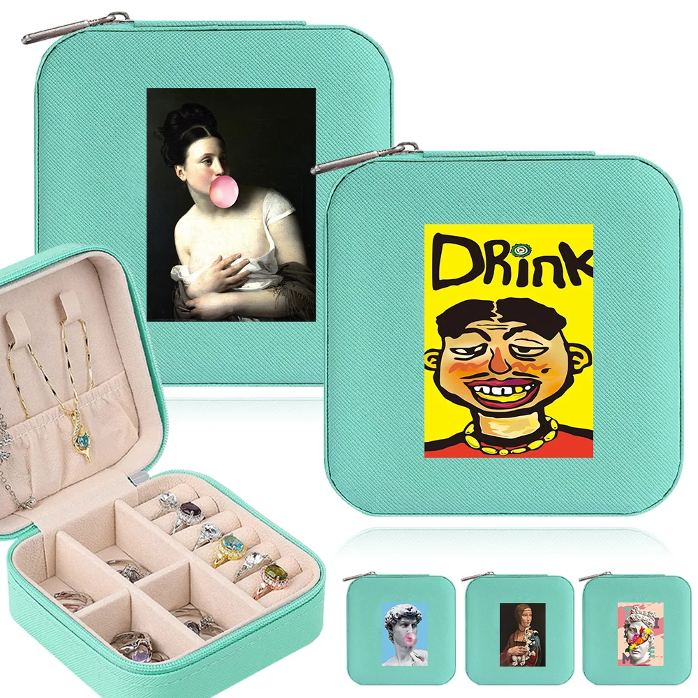 

Travel Necklace Ring Storage Box New Zippered Women's Simplicity Jewelry Case Funny Pattern Series Portable Jewelry Boxes