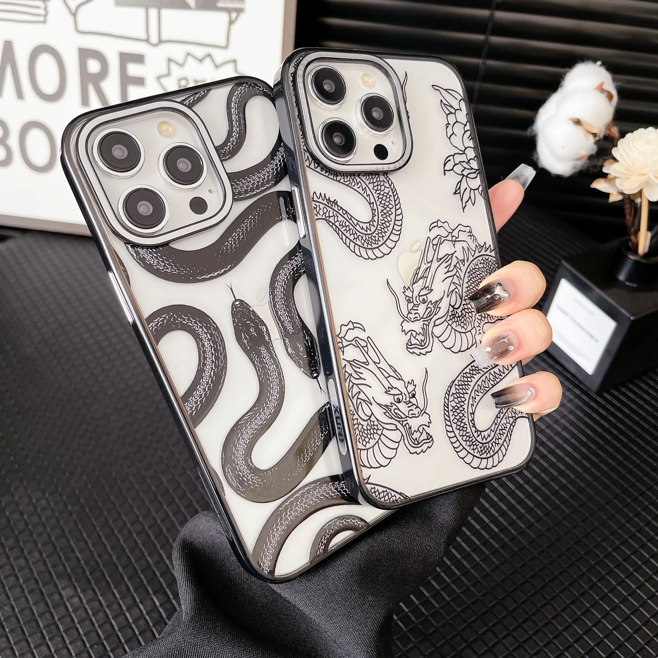 Custodia Per Telefono Nera Di Lusso Per Iphone 15 Pro Max Snake Funda Per Iphone 11 12 Promax Dragon Carcasa Per Iphone 13 Promax 14 Promax