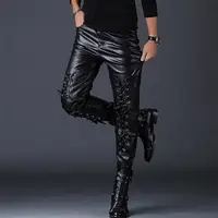 2024 Men's Autumn Slim Fit Feet PU Leather Pants Youth Tight Motorcycle plus Velvet Leather Pants 1