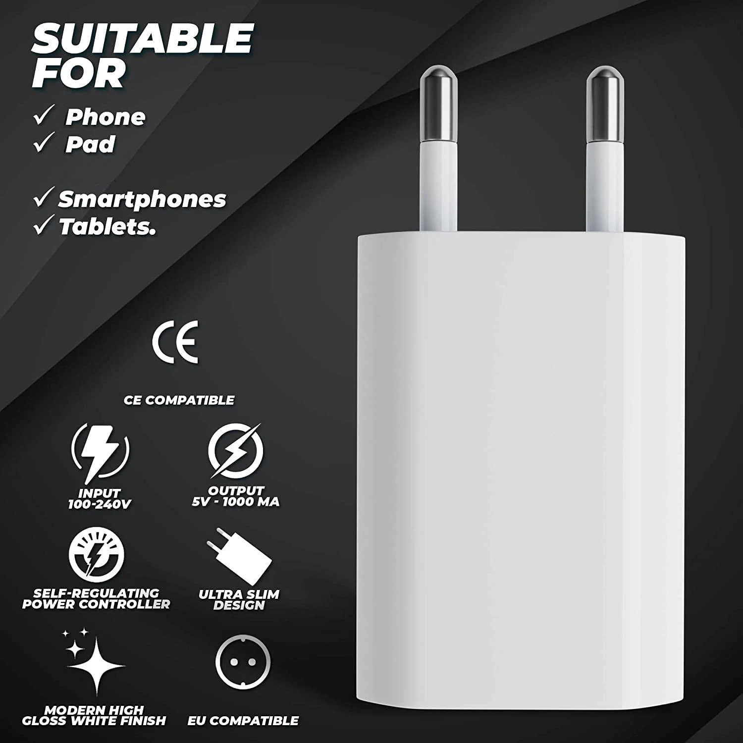 Universal 5V 1A USB Wall Charger with EU Plug - Available in 1/3/5 Pack Options