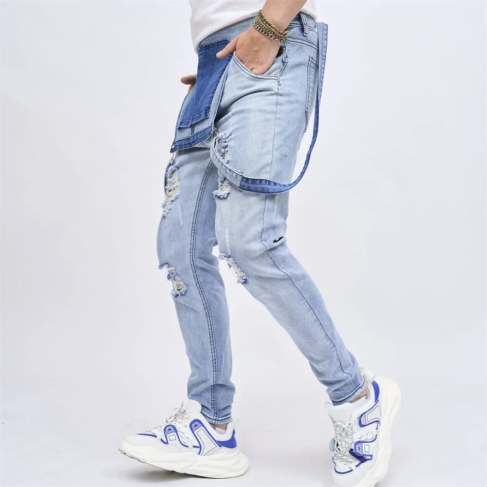 Men Strap Jeans Stylish Slim Ripped Biker Stretch Skinny Male Holes Bib Overalls Jumpsuits Denim Trousers For Men's