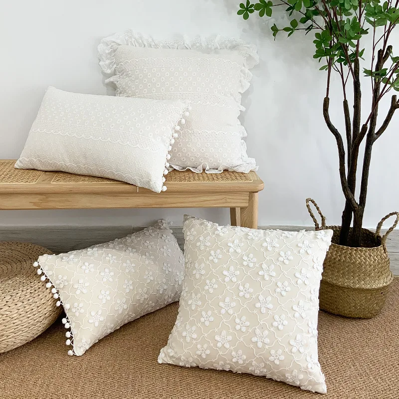 

New White Embroidered Cushion Cover Ruffle Lace Decorative Pillows Cotton Linen Sofa Cushion Cover Wedding Decor Throw Pillows