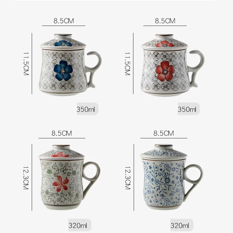 Chinese Style Ceramic Cartoon Floral Pattern Mug, Personal Creative Teacup, With Cover Filtered Tea Water Separation, 320ml, 1Pc