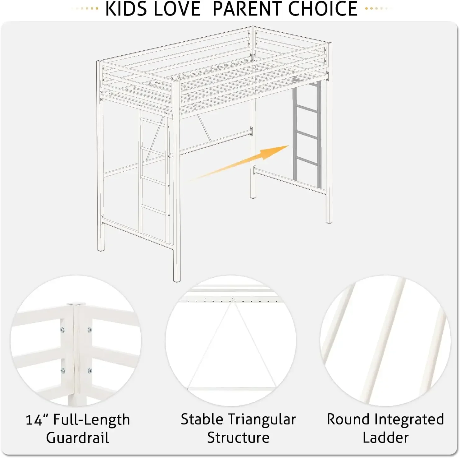 SHA CERLIN Metal Loft Bed Twin Size, Heavy Duty Loft Twin Bed Frame with Full-Length Guardrail & Removable Stairs, Noise-Free, 6