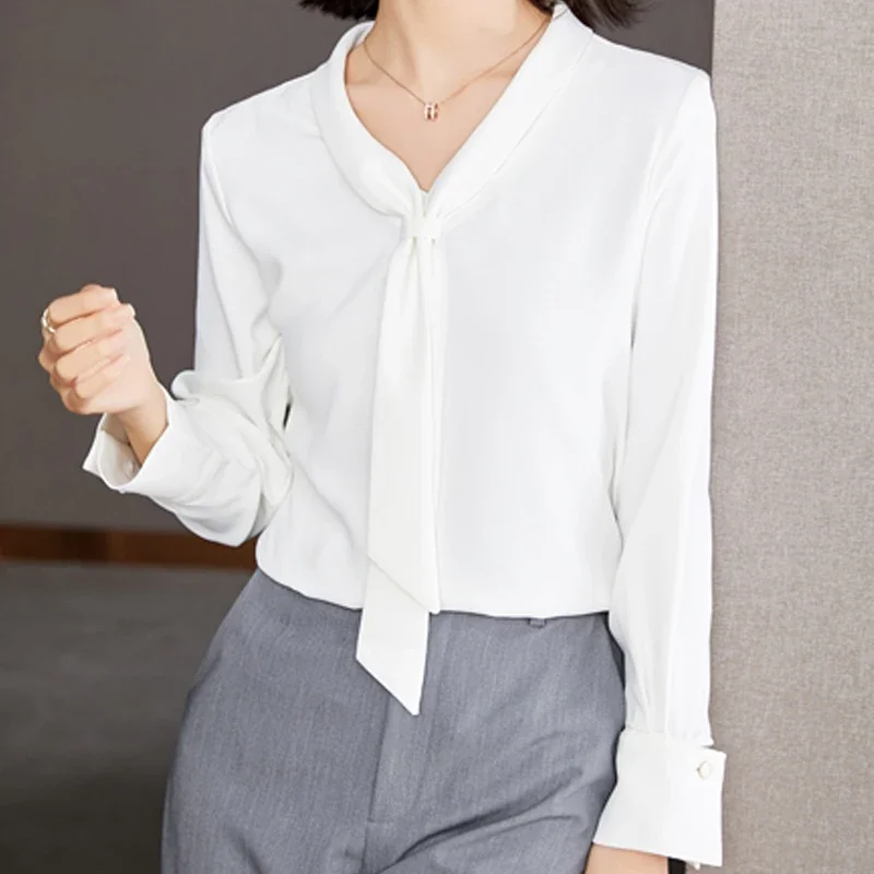 Elegante blusa de gasa de manga larga para mujer, cárdigan, camisa de  fondo, cuello de pajarita a la moda, camisas blancas de ot