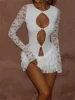 CHRONSTYLE Women Mini Dress Lace Front Hollow Out Round Neck Long Sleeve Dress Spring Fall Ruffles Dress Sexy Female Vestidos 1