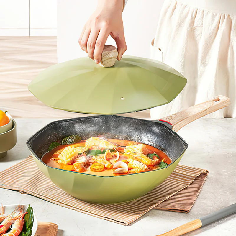 30cm/32cm padella antiaderente Wok bistecca verde alluminio coperchio di  cottura ottagonale profondo fornello a Gas induzione grande pentola pentole