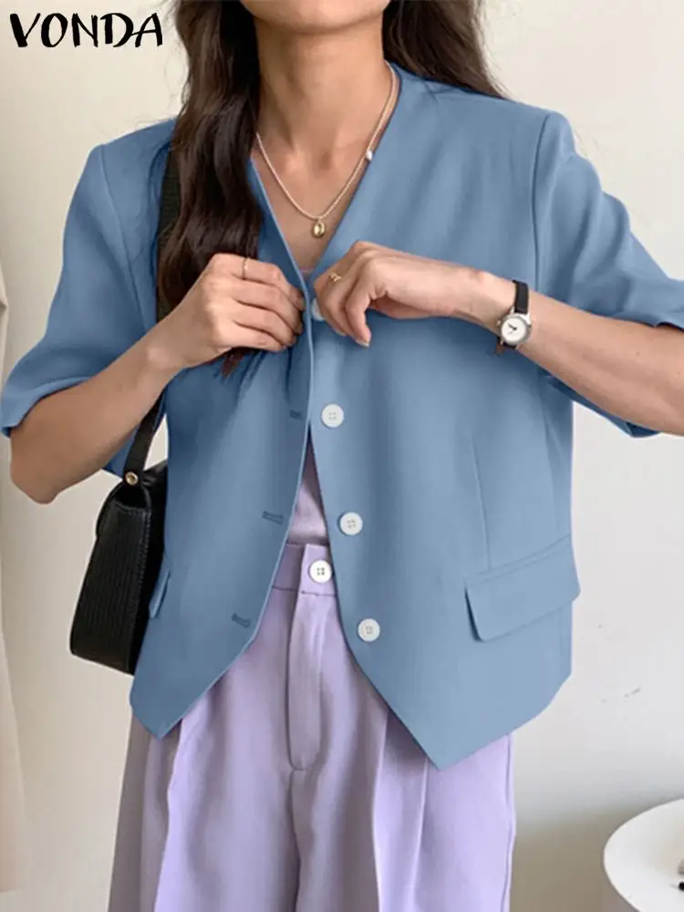 

VONDA Elegant Summer Blazer Women Short Sleeve Shirts 2024 Sexy V-Neck Loose Coats Female Casual Buttons Solid Color Outwear