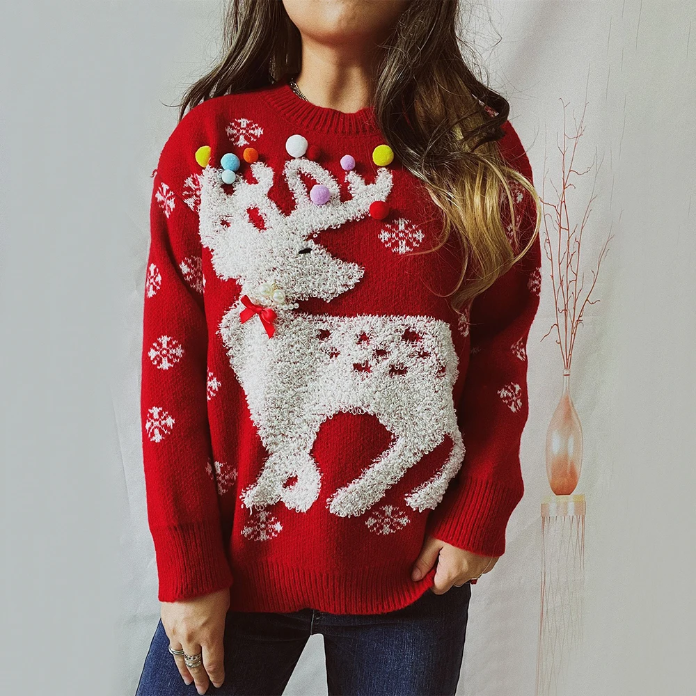 

Autumn And Winter Womens Loose Tops Elk Jacquard Casual Handmade Pearl Ball Decoration Knitted Christmas Sweater Pullover