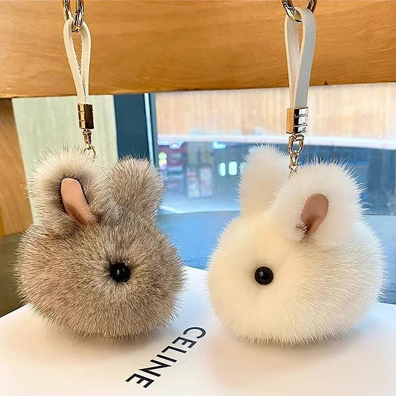 모조 토끼 모피 헤어볼 미니 토끼 가방, 행잉 펜던트 토끼 키체인, 자동차 키체인 액세서리