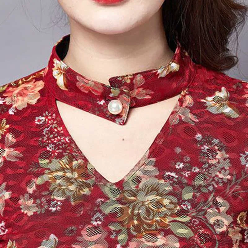 Vintage Printed V-Neck Hollow Out Floral Blouses Women's Clothing 2024 Spring New Slim All-match Tops Office Lady Shirts