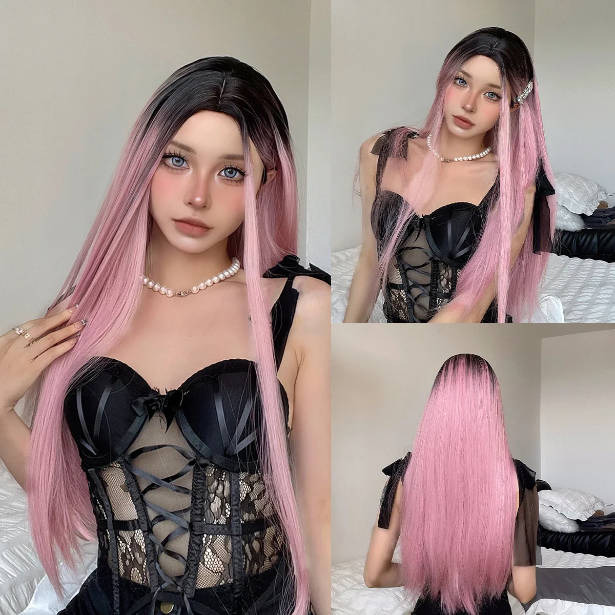 

14Color Lolita Long Straight Wig with Bangs Dark Roots Pink Silky Wigs Natural Middle Part Cosplay Party Hair Heat Resistant