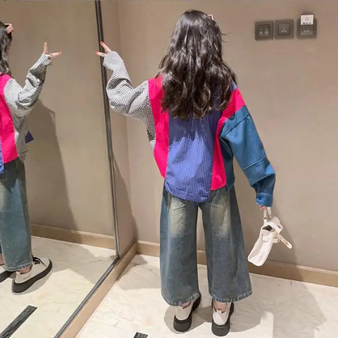 Korea style girls patchwork shirt full sleeve fashion spring girls blouse 4-12t F404 kids shirts