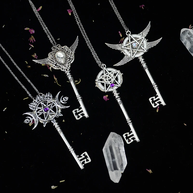 Crystal Magic Energy Witch Triple Moon Pentagram Wings Key Pendant Necklace Pagan Gift