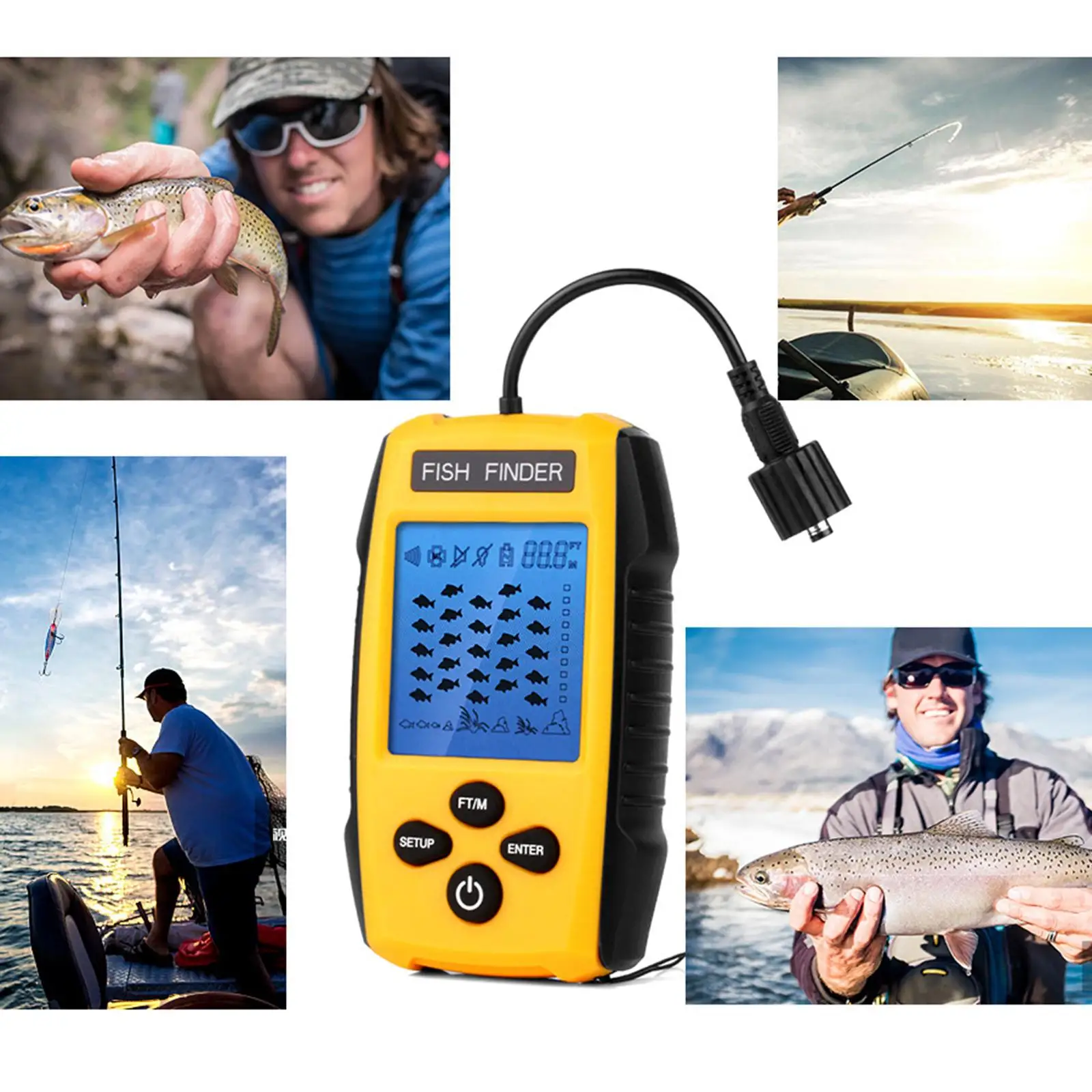 Handheld Portable Fish Ice Fishing Gear Depth with LCD Display Sonar Transducer 328ft ()