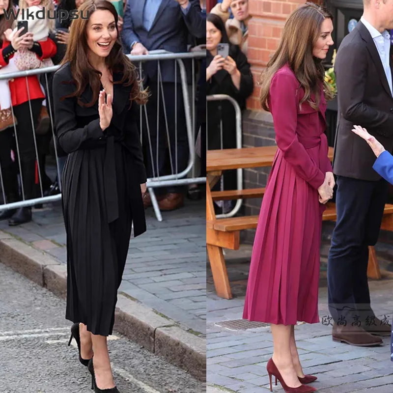 

Kate Middleton Shirt Dress High Quality Elegant Spring Autumn Long Pleated Dresses Women Casual Office Ladies Work Wear Clothes