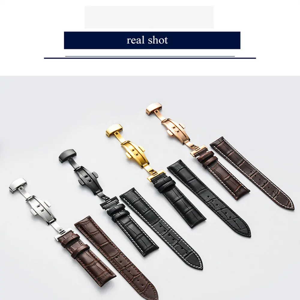 Elegant Leather Watch Band with Double Press Butterfly Clasp