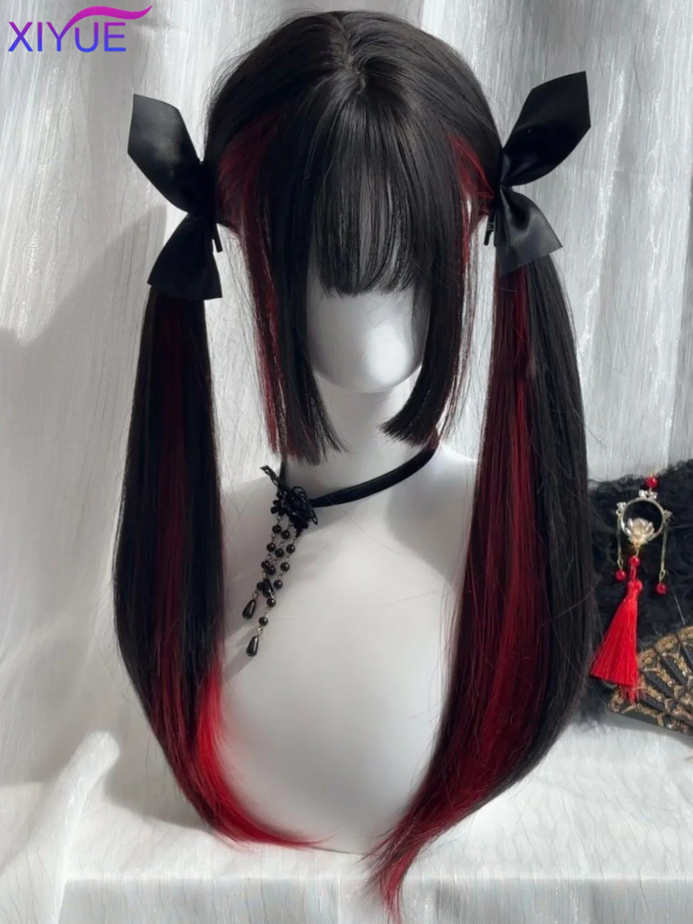 XIYUE Long Straight Cosplay Wig Women Costume Party Black Red Ombre Heat Resistant Synthetic Hair Wigs