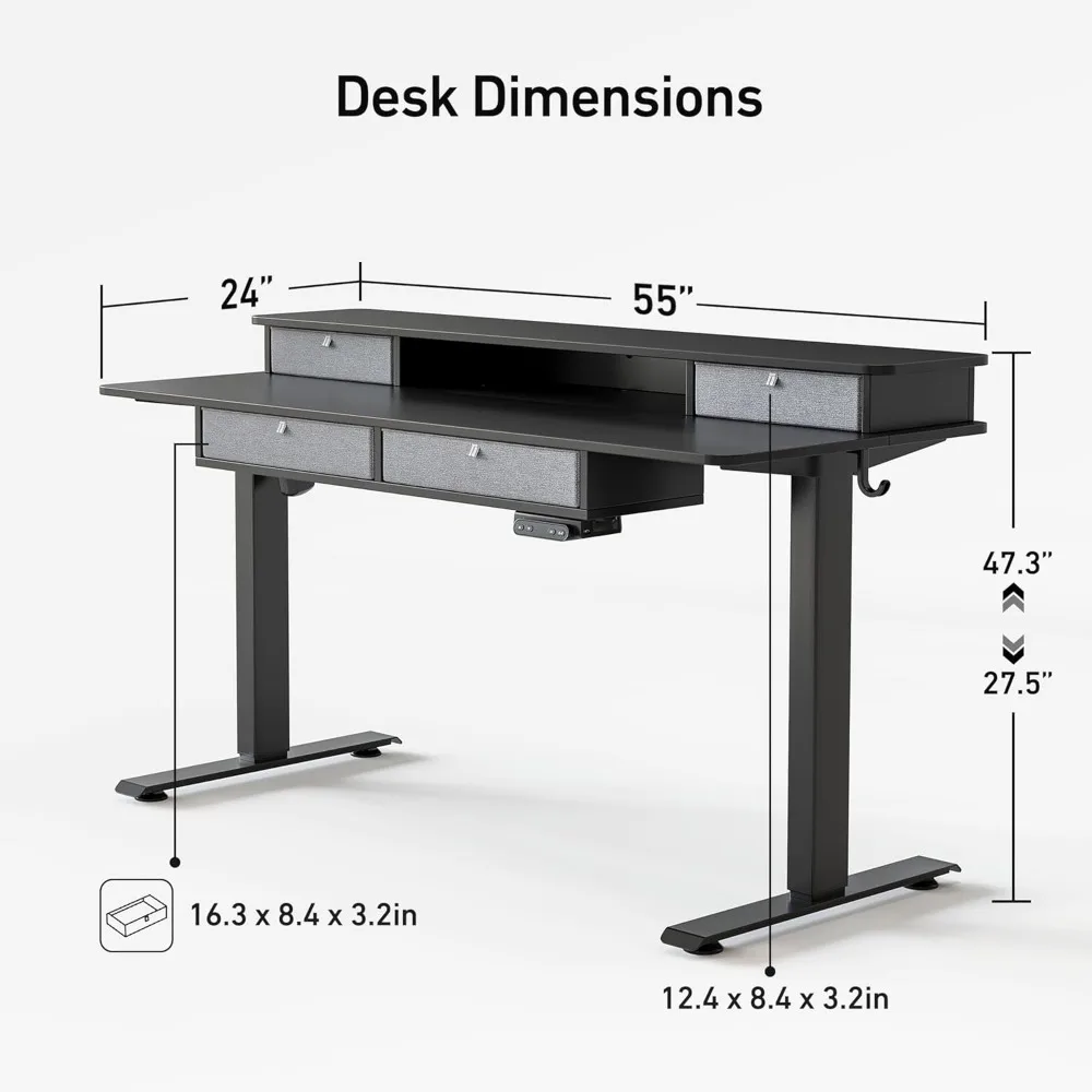 Sturdy Height Adjustable Electric Standing Desk with Drawers, Stand Up Table with Large Storage Shelf, Sit Stand Desk, Black Top 3