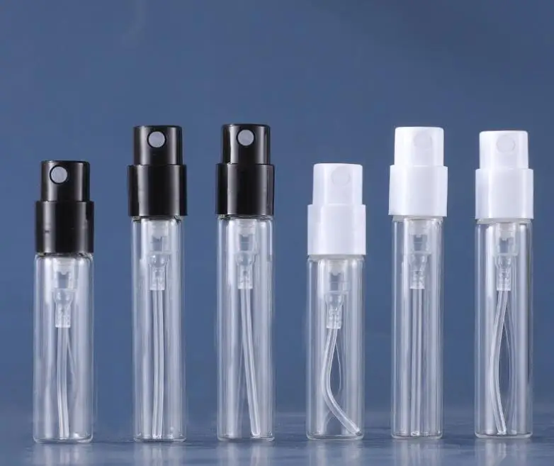 투명한 검은색 분무기 샘플 향수병, 총검 유리병, 2ml, 2.5ml, 400 개/로트