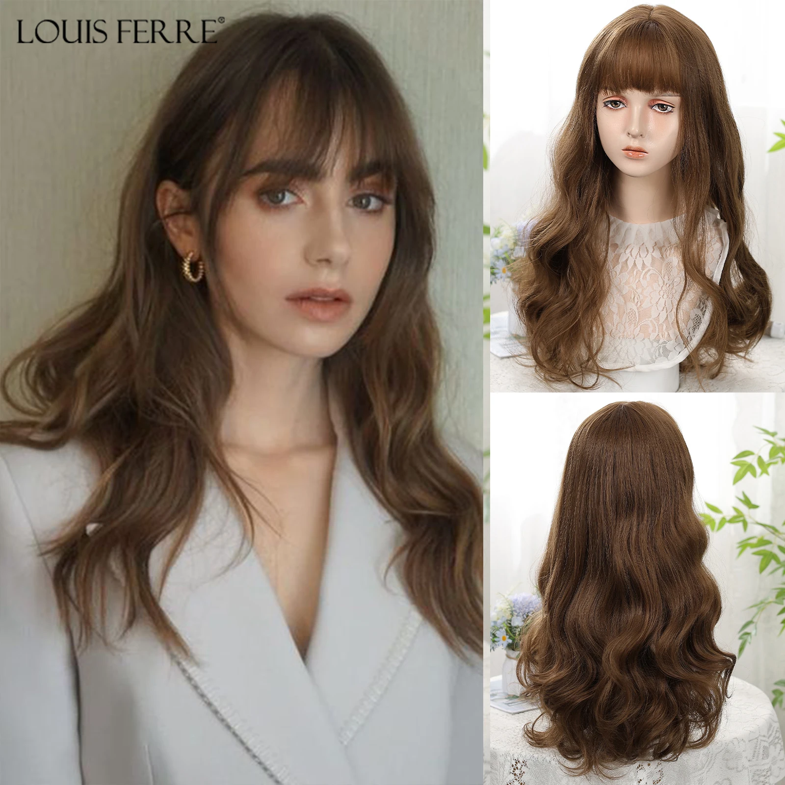 LOUIS FERRE 흑인 여성용 긴 웨이브 다크 브라운 합성 가발, 앞머리 있는 천연 모발, 데일리 코스프레, 다크 브라운 내열성 섬유 가발