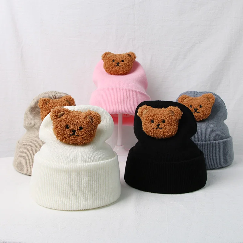 Korean Baby Autumn Winter Hat Cute Bear Knitted Warm Newborn Cap Infant Beanie Solid Color Baby Girl Boy Soft Crochet Hats 4