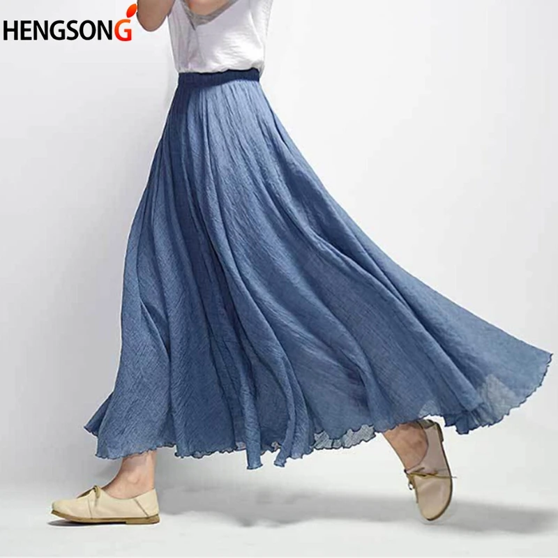 

High Quality Cotton Linen Maxi Skirt Womens Casual Elastic High Waist Pleated A-Line Beach Skirts Boho Saia Feminina Faldas Jupe