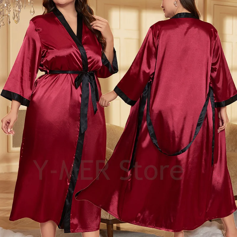 Large Size Robe Women Satin Print Flower Kimono Bath Gown V-Neck Sleepwear Gray Bathrobe Nightgown Summer Loungewear With Belt Women Sleepwear