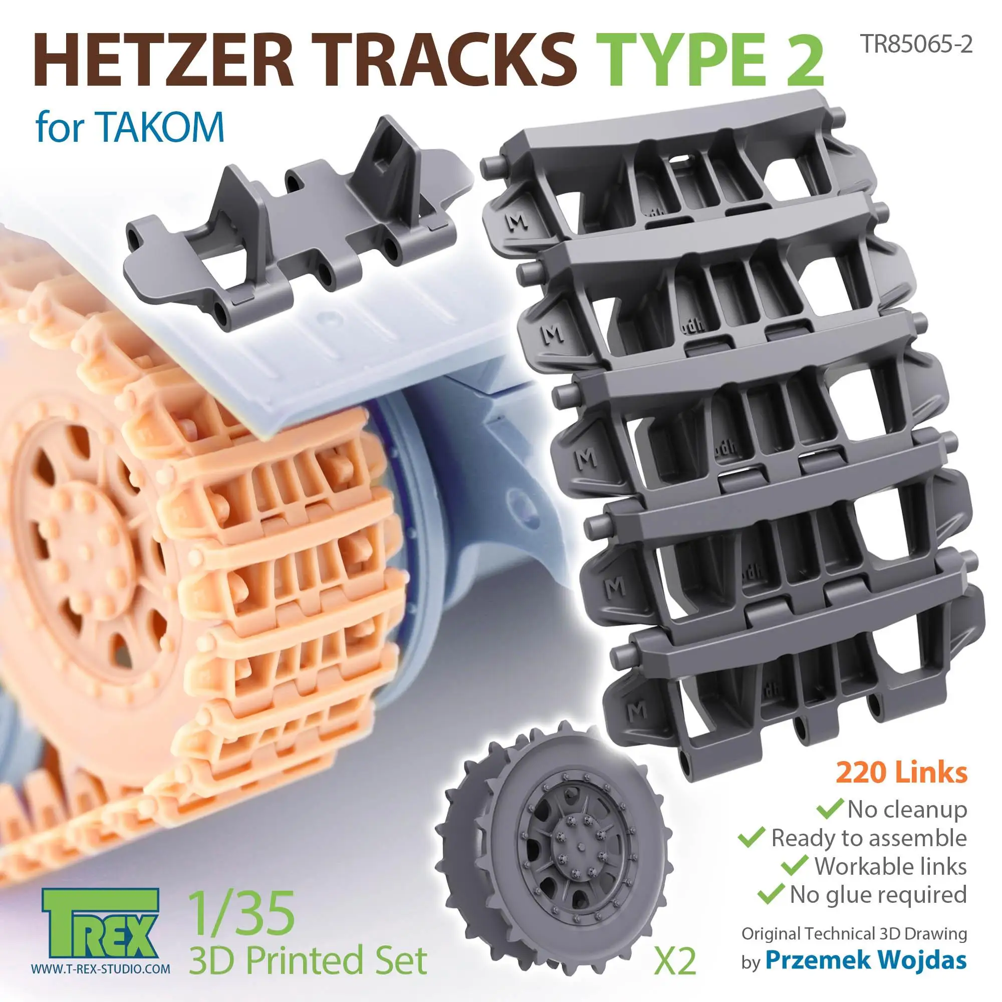 T-Rex Studio 85065-2 Tracce Hetzer In Scala 1/35 Tipo 2 Per Takom Set Stampato In 3D