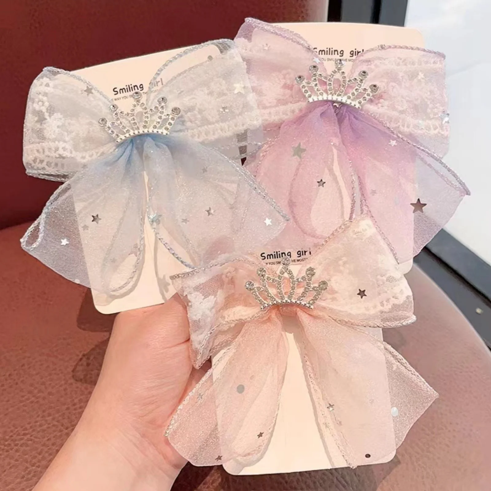 1PC Princess Crown Hair Scrunchies,Lace Tulle Star Hair Bows,Pastel Colorful Hair Accessories For Girls,Glittery Cute Hair Decor