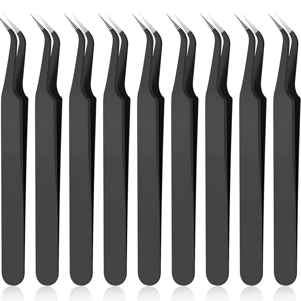 1/9Pcs Stainless Steel Curved Tip Eyelash Extension Tweezers, Curved Tip Tweezers Pointed Tip Tweezers with Protective Cover