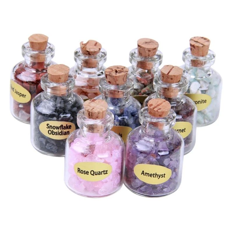 9 Bottles Mini Gemstone Bottles Chip Crystal Healing Tumbled Gem Reiki Wicca Stones Set Semiprecious Gem Stones Decor glass bottles,mini glass bottles