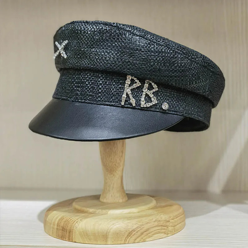 Women Hats women hats women military hat Straw Cap Fiddler Hats Flat Military Style Hats PU Leather Brim Sun Hat Fashion Summer Derby Cap Young Girl Newsboy
