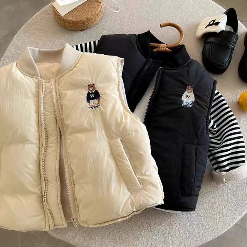 Children's Cotton Waistcoat Boys Winter Baseball Collar Vest Jacket Baby Keep Warm Sleeveless Jacket Girls Embroidery Top