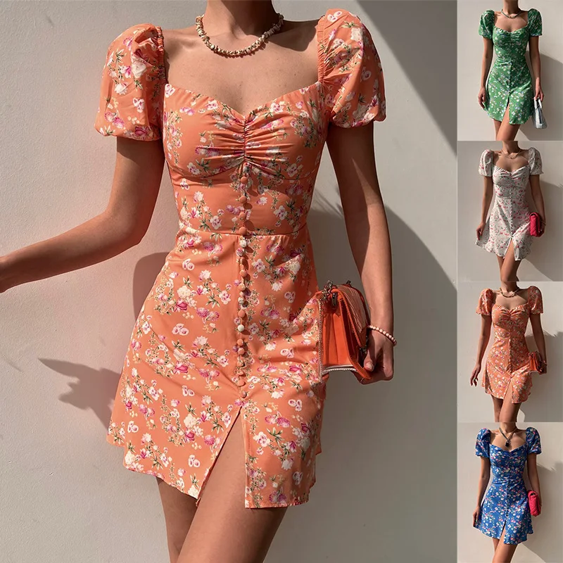 

2023 Summer Print Dress French Style Puff Sleeve Floral Off Shoulder Mini Dress Casual Corset Strapless Women Dress