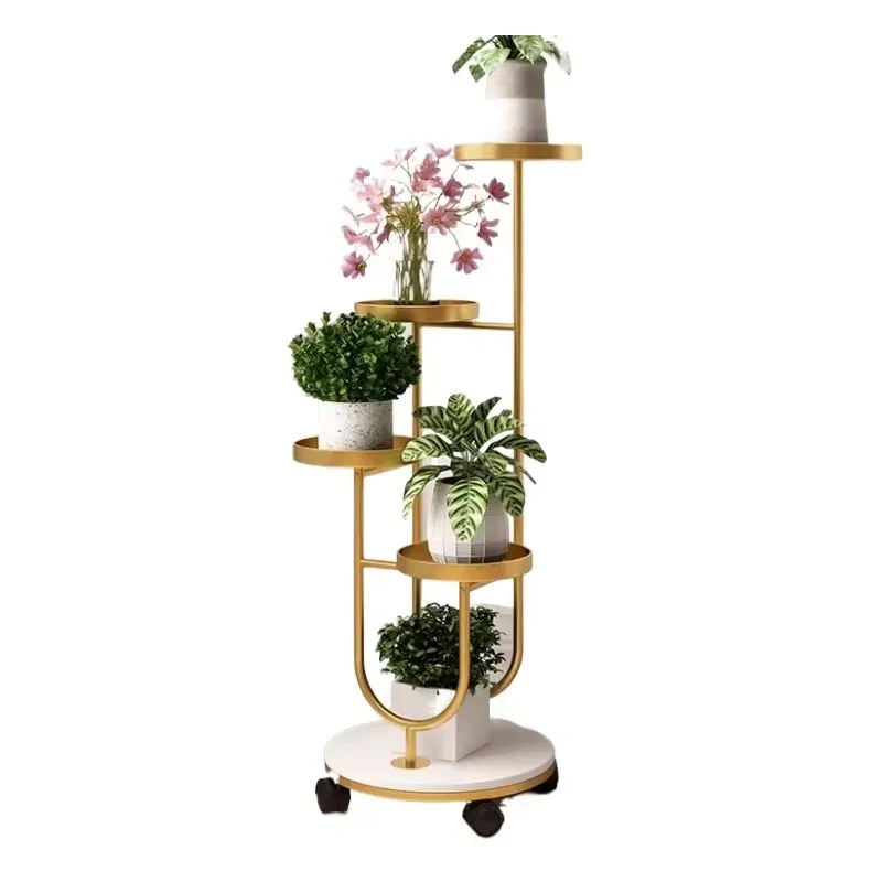 High-End Steel Plant Stand with Rock Slabs Base Multi-Tier Flower Shelf Plant Holder Stylish Succulent Display Rack with Wheels