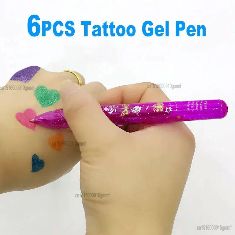 6pcs Glitter Temporary Tattoo Pens Set With 9 Stencils, 2 Diamond