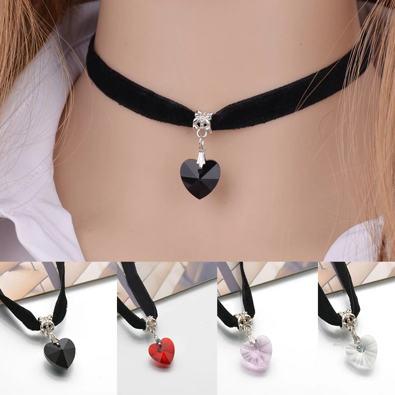 

Retro Vintage Gothic Chocker Harajuku Heart Shaped Chokers Goth Black Velvet Heart Crystal Pendant Choker Necklace Jewelry