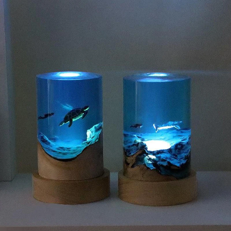 

Home Decoration Marine Turtle Whale Shark Diver Desktop Decoration Cylinder Solid Wood Resin Night Light