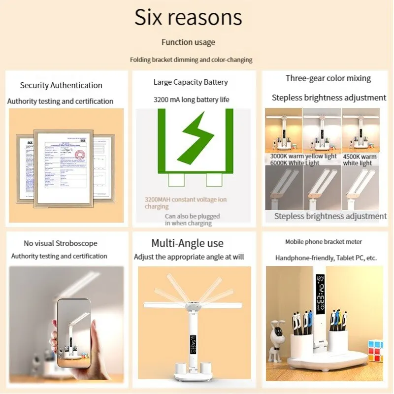 LED Clock Desk Lamp USB Rechargeable/Plug-In Dimmable Desk Lamp 2Heads 180 Rotatable Foldable Eye Protection Reading Night Light 4